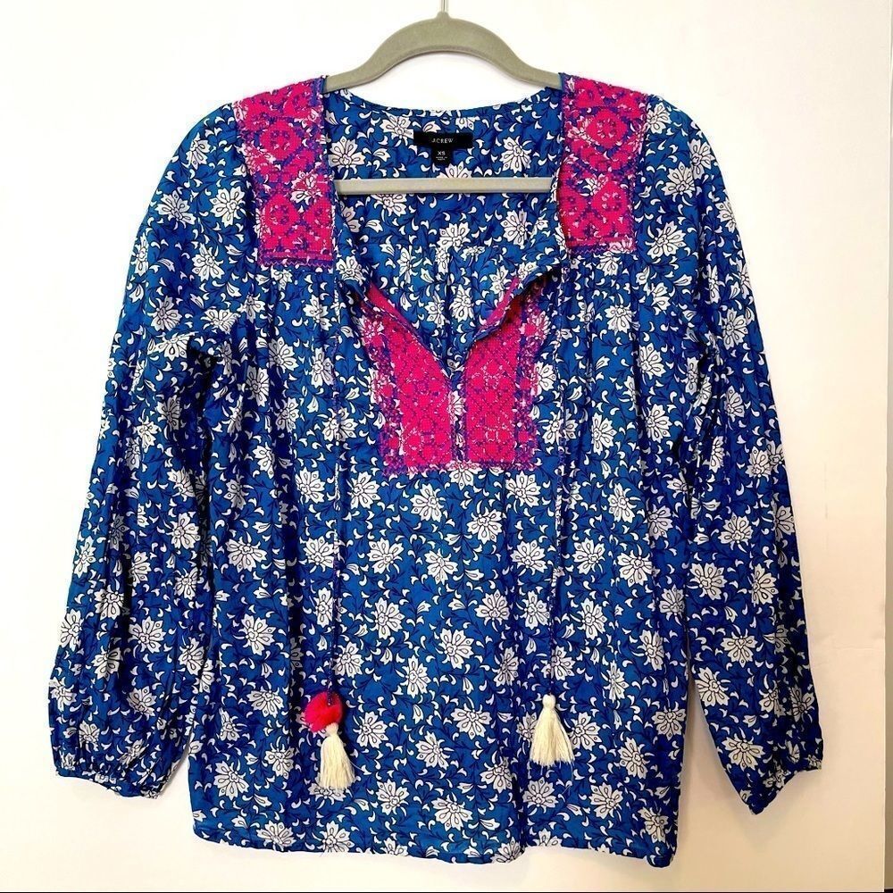 J. Crew Blue Floral Embroidered Top Size XS